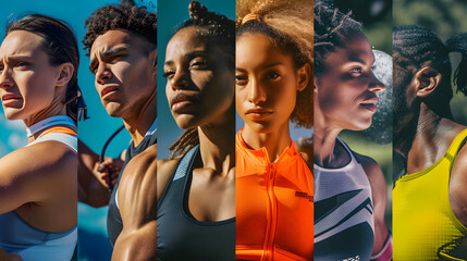 Close-up of people of different genders, races, and cultures engaging in outdoor sports - obrazy, fototapety, plakaty