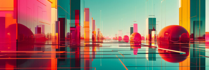 Retrofuturistic advertising poster illustration with vibrant colors