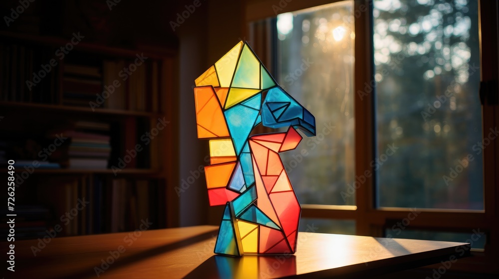 Poster a colorful paper sculpture on a table in front of a window. generative ai.