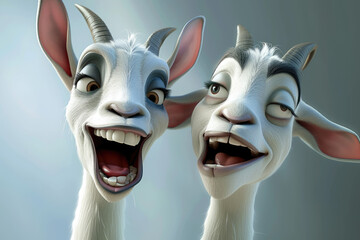 3d cartoon close view of laughing funny happy goats - obrazy, fototapety, plakaty