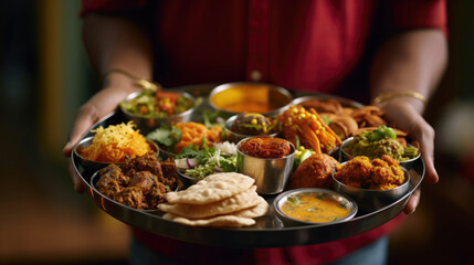 Mumbai,  India: People savoring a thali platter with a variety of flavors - obrazy, fototapety, plakaty