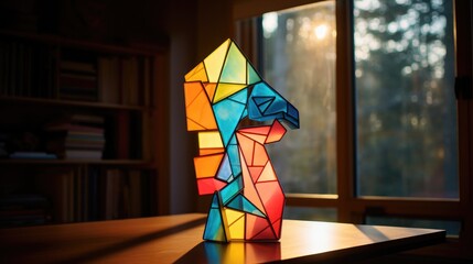 A colorful paper sculpture on a table in front of a window. Generative AI.