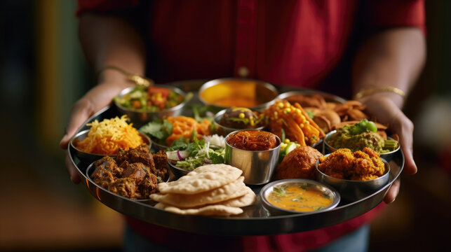 Mumbai,  India: People savoring a thali platter with a variety of flavors