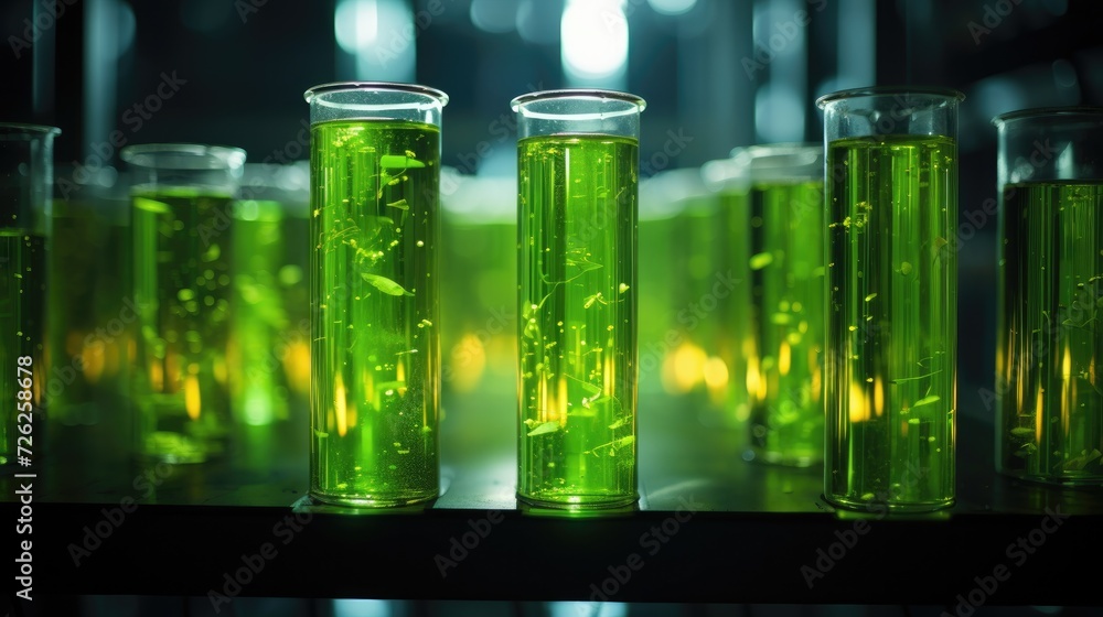 Wall mural Green liquid in test tubes. Generative AI.