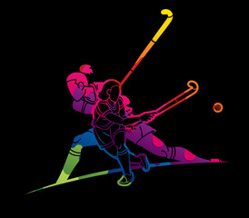 Field Hockey Sport Female Players Mix Action Cartoon Graphic Vector