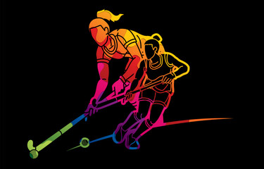 Field Hockey Sport Female Players Mix Action Cartoon Graphic Vector