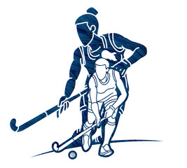 Field Hockey Sport Female Players Mix Action Cartoon Graphic Vector