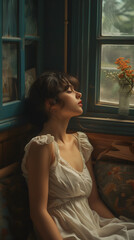 A thoughtful and reflective image of a woman sitting in front of a window illuminated by the light streaming through it