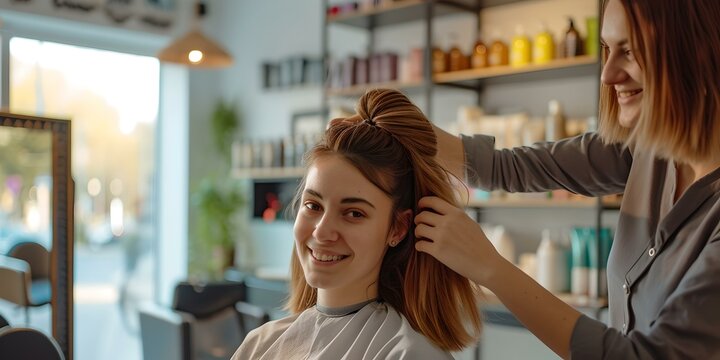 Smiling young woman getting a new hairstyle at a modern salon. hairstylist working with care. beauty, personal care, and style. AI