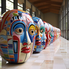 Row of Large Ceramic Heads Display: Museum Art Installation