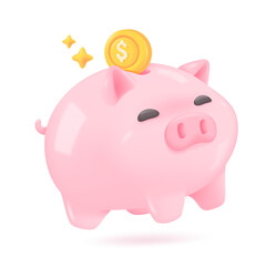3D piggy bank. Gold coins dropped into the piggy bank. Ideas for saving money safely for future growth