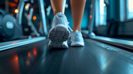 Close-up of a woman's feet on the treadmill, training in the gym, or at home, generative ai