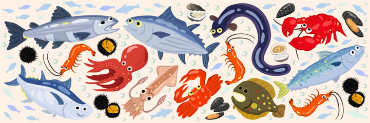 Vector cute set of marine animals. Salmon, bonito, freshwater eel, tuna, octopus, mackerel, squid, flounder, shrimps, crab, lobster.
