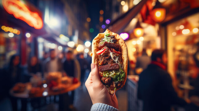 Istanbul,  Turkey: People enjoying D&radic;&part;ner kebab and Turkish delight delivered