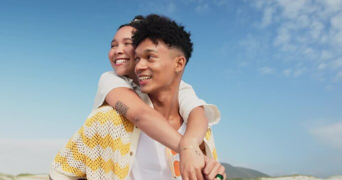 Couple, piggyback and love on vacation, outdoors and bonding or conversation on summer holiday. People, weekend and traveling on adventure for date, carrying and game or communication in nature