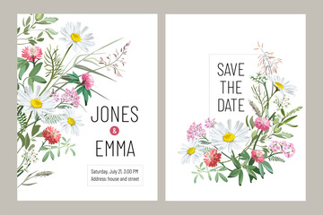 Wedding invitation card. Frame with text, flowers and grass isolated on the white background. Colorful hand drawn bouquet with wildflowers.
