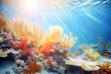 Fototapeta na wymiar underwater sunbeam illuminating vibrant coral reef