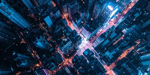 Aerial view of cityscape at night, urban crossroads, traffic lights, contemporary city life. AI - obrazy, fototapety, plakaty