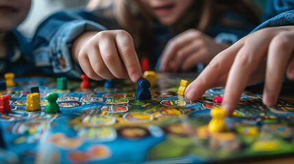 Close up of hands of a kids playing a board game, generative ai