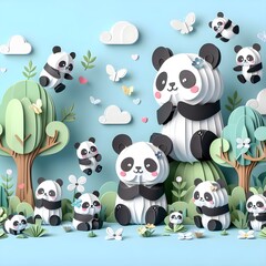 The cute and lovely pandas paper art, craft, surrealism, 3D digital art, simple background. Generative AI.