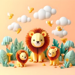 The cute and lovely lions paper art, craft, surrealism, 3D digital art, simple background. Generative AI.