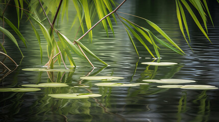 Bamboo Palm leaves reflected in a tranquil pond. Frame the composition to showcase the unique perspective of the leaves and their reflections on the calm water surface