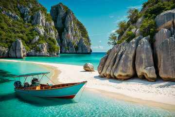 boat on a white sandy beach in tropical landscape