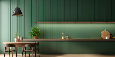 Green wall panelling with wooden shelf in kitchen room AI Generative