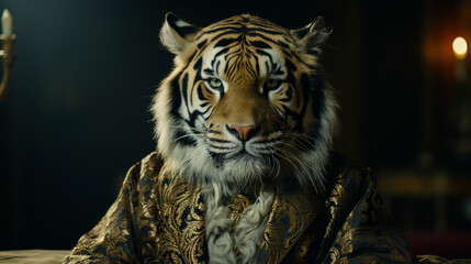 sophisticated tiger in a velvet smoking jacket, adorned with gold embroidery and a silk cravat. Against a backdrop of royal palaces, it exudes aristocratic elegance and feline grace. Mood: regal and r - obrazy, fototapety, plakaty