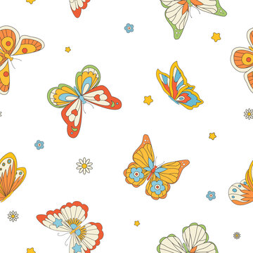Beautiful seamless pattern with groovy vector hand drawn butterflies. Stock pop background in Hippie 60s 70s style. Peace. Pacific.