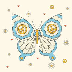 Beautiful groovy butterfly vector hand drawn illustration. Stock pop clip art in Hippie 60s 70s style. Peace. Pacific. - 726260610