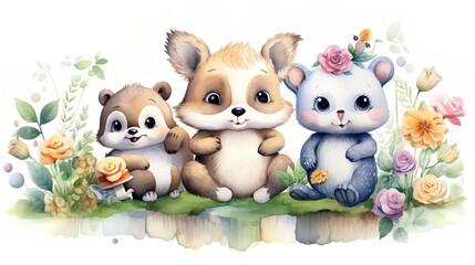 Cute Forest Animals Go to Plant Flowers in the Meadow

