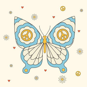 Beautiful groovy butterfly vector hand drawn illustration. Stock pop clip art in Hippie 60s 70s style. Peace. Pacific.