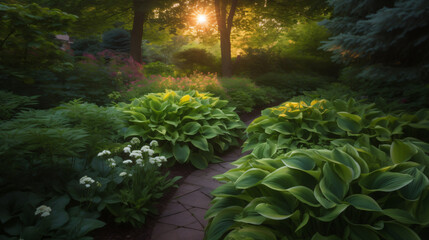 cinematic beauty of a garden filled with Hosta plants during a soft sunset glow