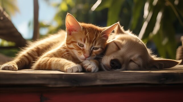 Cute Ginger Cat and Dog Sleeping Outdoors


