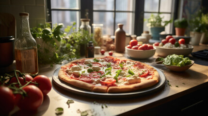 New York City,  USA: Unpacking a pizza feast on the kitchen counter with excitement