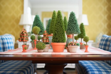 group of tabletop topiaries on a plaid cloth-covered table