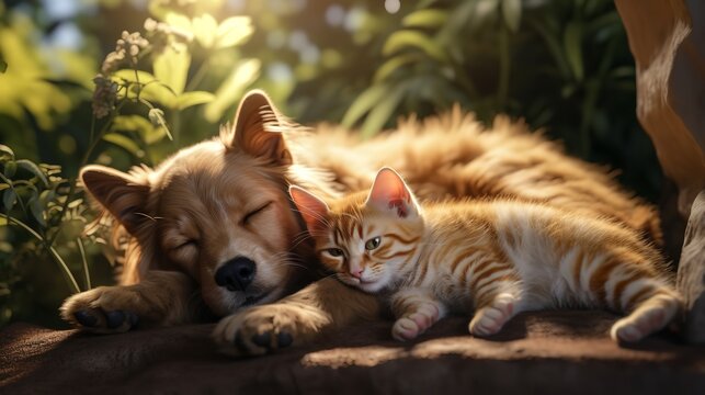 Cute Ginger Cat and Dog Sleeping Outdoors

