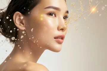 Fotobehang Beautiful Asian woman portrait with gold hydrating serum molecules structure on the face © Kien