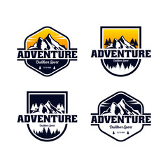 Adventure badges. Summer camp mountains forest hiking exploring scout outdoor labels hipster stickers
