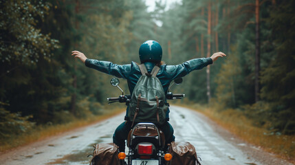 Motorcyclist on a trip on a forest road