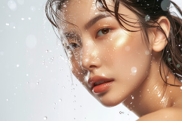 Beautiful Asian woman portrait with gold hydrating serum molecules structure on the face - obrazy, fototapety, plakaty