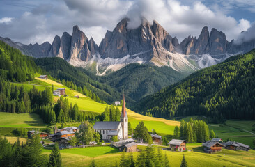 an valley in the dolomites with mountains in the background