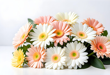A bouquet of gerbera flowers in pale pastel colors. Spring image. Design for message cards with blank spaces for Easter, birthdays, anniversaries, Mother's Day, birthdays, celebrations, etc.