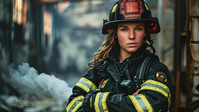 A portrait of a female firefighter confidently standing with her arms crossed, displaying her strength in full gear.