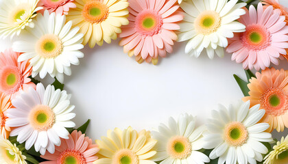 Obraz premium A bouquet of gerbera flowers in pale pastel colors. Spring image. Design for message cards with blank spaces for Easter, birthdays, anniversaries, Mother's Day, birthdays, celebrations, etc.