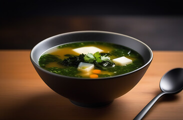 Bowl of miso soup, highlighting the edible seaweed as a nutritious and appetizing element within the composition