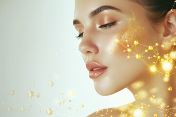 Beautiful woman portrait with gold hydrating serum molecules structure on the face - obrazy, fototapety, plakaty