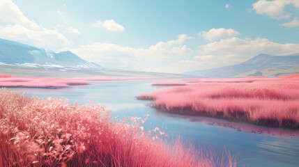Pink grassland with lakes