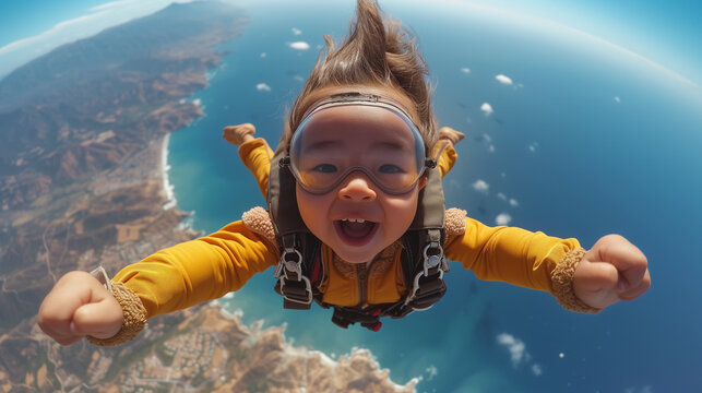 A smart kid experiences the thrill of skydiving, with a wide smile and arms outstretched against a backdrop of the earth below.